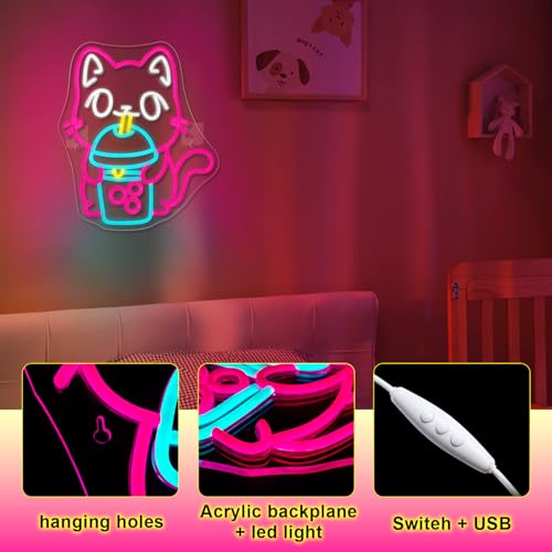 Image of Cat Boba Tea Neon Sign,Cute Pink Kitty Bubble Tea Neon Signs for Wall Decor,Dimmable LED Neon Light Bar Sign,USB Light Up Signs for Kids Bedroom Dimsum Store Cofes Bar Milk Tea Shop