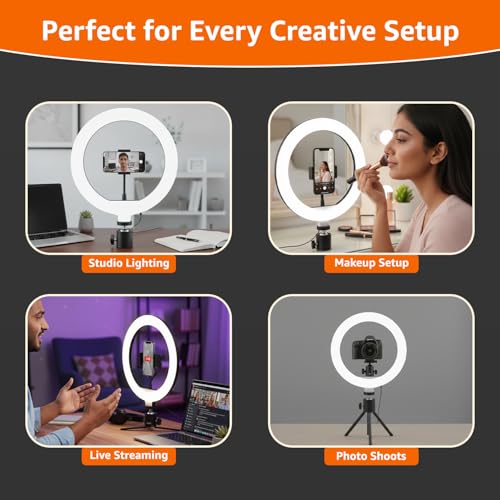 Image of Amazon Basics 10-inch Ring Light | 3 Color Modes | 10 Brightness Settings | Compatible with All Smart Phones | Suitable for Vlogging, YouTube Videos, Photoshoots, Live Streaming & More