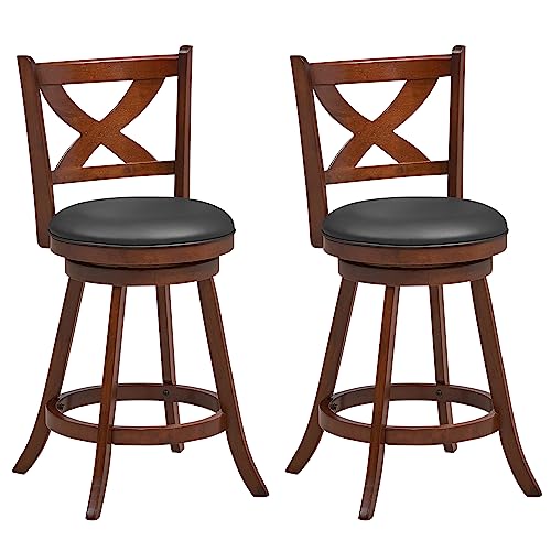 GIANTEX Butacos de Barra de 24" Set de 2, Taburetes Giratorios 360° para Barra con Respaldo, Marco de Madera de Caucho Sólido, Asiento Tapizado en Cuero Sintético Vintage para Isla de Cocina y Bar en Casa miniatura 1