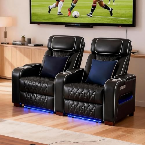 Image of GUEAPY Power Reclining Loveseat Home Theater Seating with Adjustable Headrest, Breathable Leather Electric Recliner with LED Lighting, Backrest & Footrest, Cup Holders, USB Charging & Tray Table