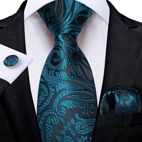 Image of DiBanGu Mens Paisley Tie Set Silk Woven Jacquard Necktie and Pocket Square Cufflinks Gift Set for Wedding Bussiness
