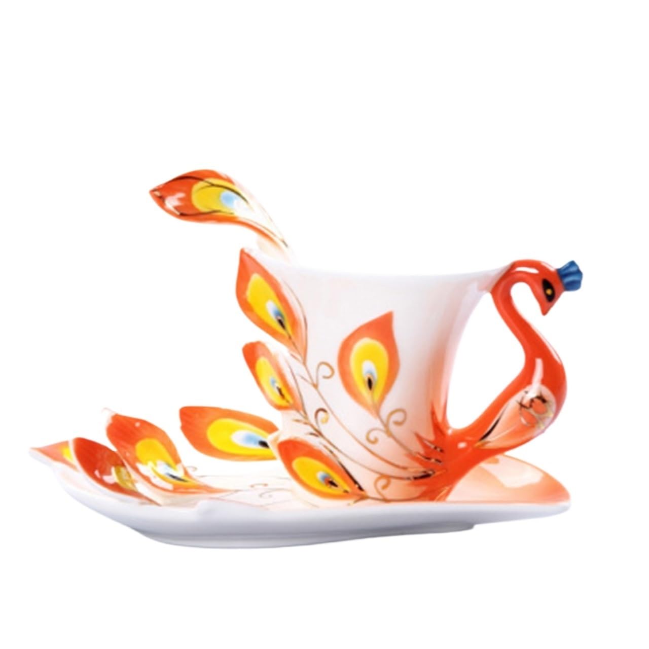 Kaffeetasse,Steingut Tassen Kreative 3D Hand Crafted Emaille-Pfau-Kaffeetasse-Set mit Untertasse und Löffel Geschenk Keramik Tee-Wasser-Schale Schale Geschenk(230ml,Orange)