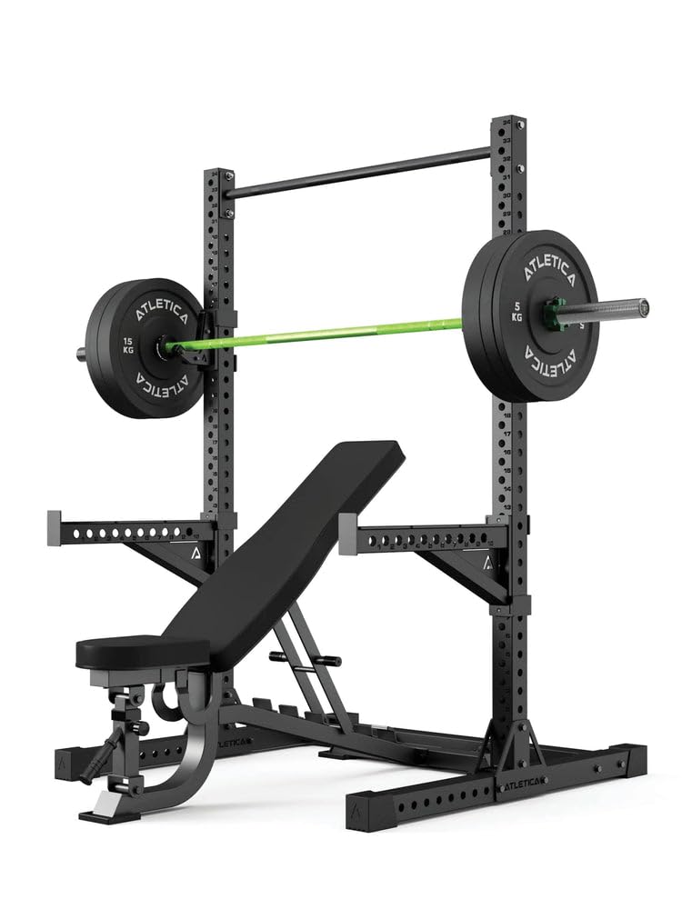 ATLETICA R7 Squat Rack | Kit Storm | Banc incliné, barre d'haltères, plaques pare-chocs, collars, barre de traction, bras de traction, crochets en J avec