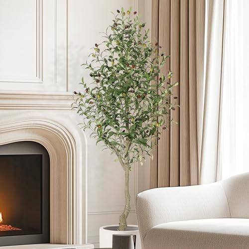 Artificial Olive Tree 6FT Tall Faux Olive Tree Indoor Fake Silk Plant with Realistic Trunk, Leaves, Fruits and White Planter, Faux Potted Tree for Home Decor and Housewarming Gift, 1 Pack
