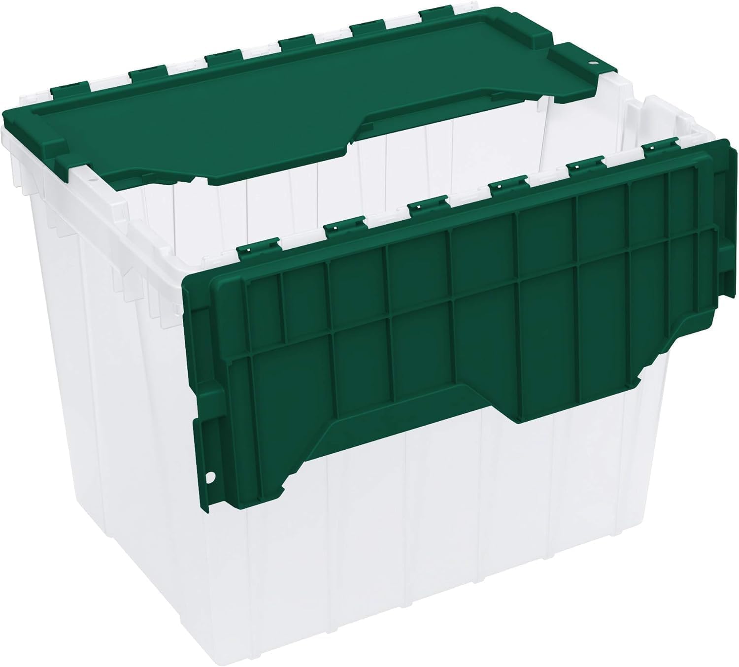 Akro-Mils KeepBox 68L Storage Container, Nesting and Stackable Plastic Storage Box with Lid Attached, Organizer Tote for Garages, Closets, and Moving, 38,7 cm W x 54,6 cm D x 43,1 cm H, Clear/Green