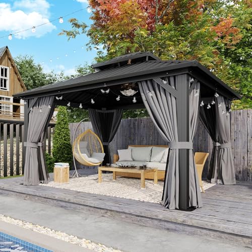 Aoxun 12x14 Hardtop Gazebo Metal Frame Outdoor Gazebo with Double Galvanized Steel Roof Large Patio Pavilion with Netting and Curtains Backyard Gazebo for Patio Deck Garden