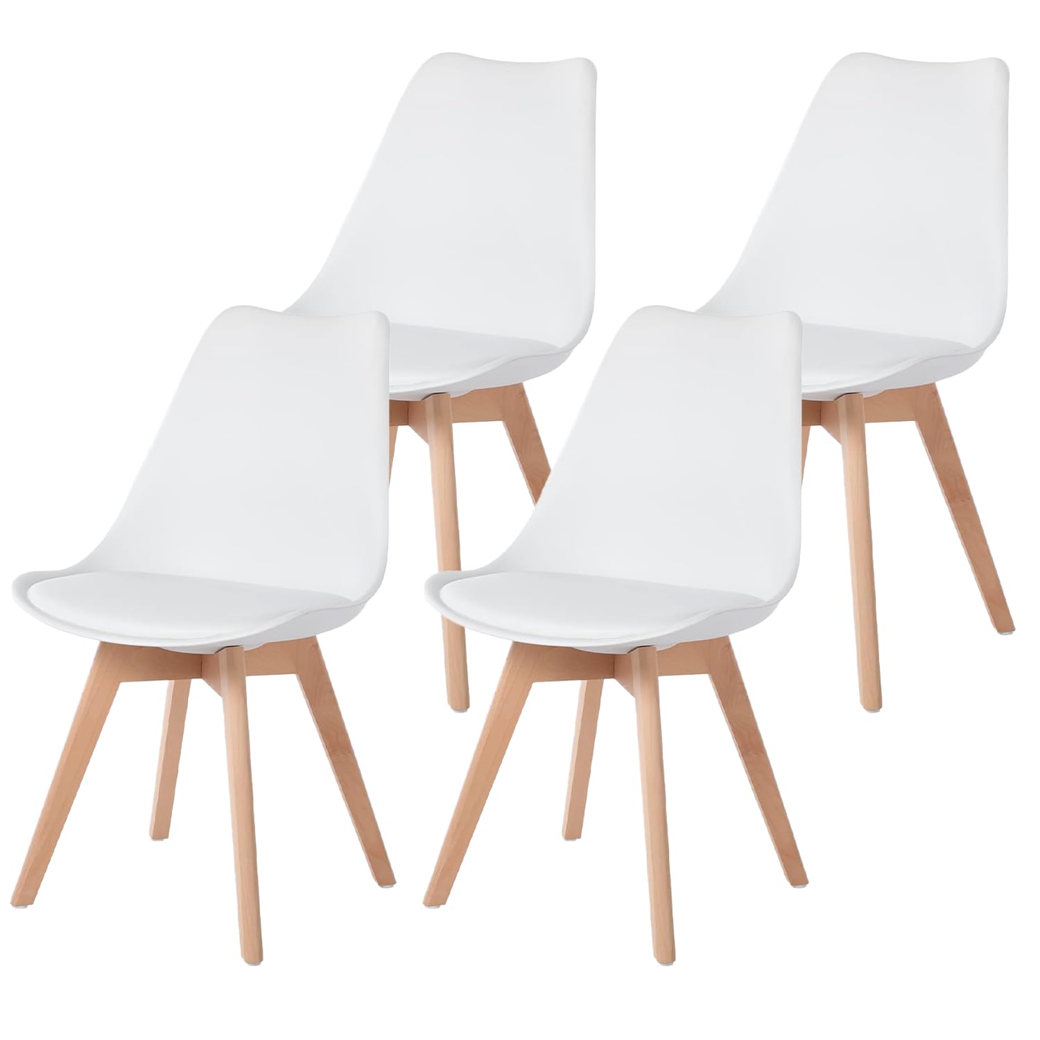 Pack de 4 Sillas Comedor Nórdicas, Sillas de Cocina Nórdicas con Patas de Madera Maciza de Haya, con Respaldo Ergonómico, Asiento Acolchado y Tapizado, Blanco