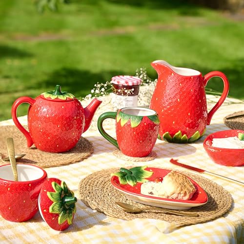 Widdop Keramik-Geschirr mit Erdbeermotiv – Erdbeerkrug – Sommer-Geschirr, helles, schrulliges Geschirr – schöne Geschenkidee, Picknick, Essen im Freien