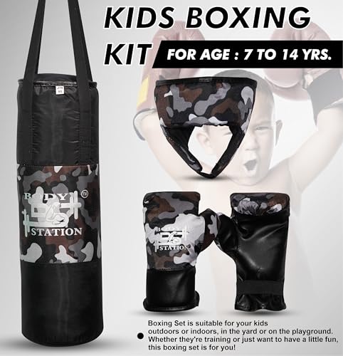 Image of Kids Champ Junior Punching Set | 1 Punching Bag, 1 Head Guard, 2 Gloves | Boxing Training Punching Bag & Gloves for Boys & Girls | for 3 to 10 Years Kids (Set of 4) (Black Camo)