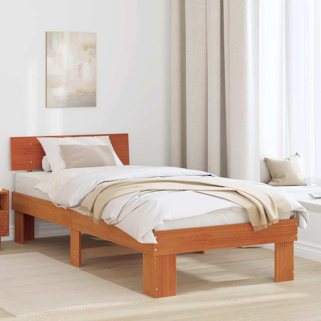 YUTAASU Bettrahmen Wachsbraun 90 x 200 cm Massives Kiefernholz | Stabile Konstruktion, Lattenrost Inklusive, Modernes Design, Einzelbett Für Schlafzimmer