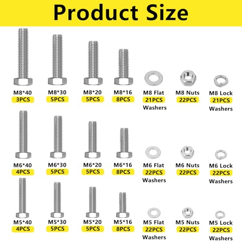 260 Stück M5 M6 M8 Schrauben Set, Sechskantschrauben Muttern Set mit Federringe & Unterlegscheiben Sets, 304 Edelstahl Gewindeschrauben Sets, Sechskant Maschinenschrauben Sortiment