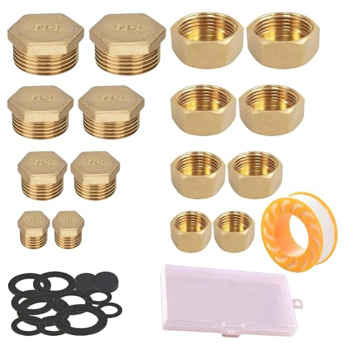 16 tapones ciegos para tubería de agua, rosca interior y exterior, 1/8 1/4 1/2 3/8 pulgadas, tapón de latón con caja de almacenamiento, tapón ciego para jardín tubería de agua