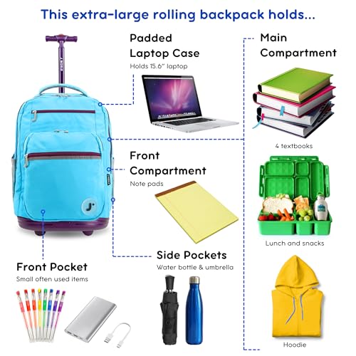 Image of J World Sundance Laptop Rolling Backpack for Girls Boys. Roller Bookbag with Wheels, 20 Inch, Sky Blue