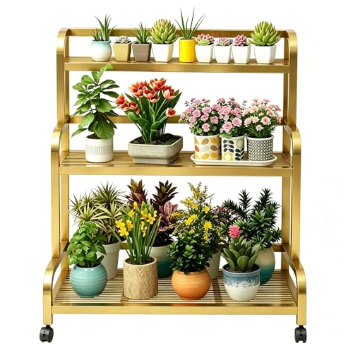 DMCHENGMA Soporte para Plantas Alto Dorado de 3 Niveles | Estante para macetero con Ruedas con Cerradura, Estante de exhibición Vertical para macetas de Esquina de Hierro Resistente(100x40x107cm)