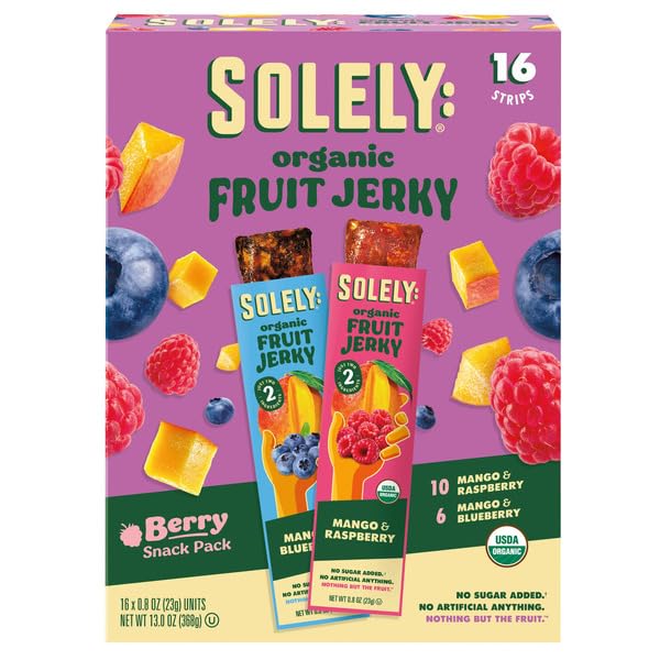 SOLELY Organic Fruit Jerky Variety Pack, 16 Count - Mango & Pineapple Strips, No Added Sugar, Vegan, Gluten-Free, Non-GMO, Individually Wrapped Healthy Snack for Kids & Adults
