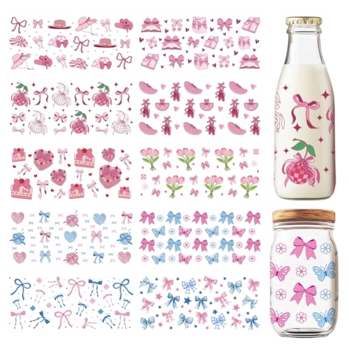 GOMAKERER 10 Sheets UV DTF Cup Wrap Transfer Stickers, Pink Blue Coquettte Bows Rub on Decals Disco Ball Flower Cake Waterproof Cup Transfer Decoration for DIY Bottles Drink Jam Cake Container