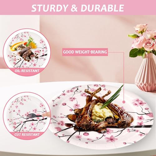 Image of Qyeahkj 100 PCS Cherry Blossom Party Supplies Set Cherry Blossom Plates and Napkins Japanese Disposable Paper Party Tableware Forks Packs Decorations for Hibachi Spring Birthday Decoration Serve 25