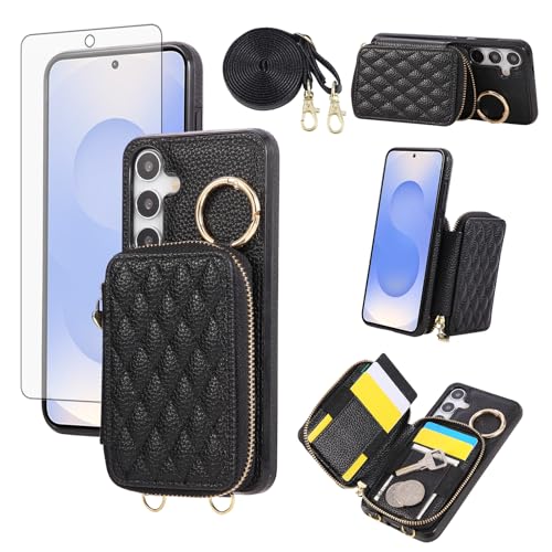 Phone Case for Samsung Galaxy S24 Plus/S25 Plus S24+ S25+ 5G Zipper Wallet Cover with Screen Protector Ring Credit Card Holder Slot Crossbody Strap Lanyard S24Plus 24S + S 24 24+ S25Plus 25S 25+ Black