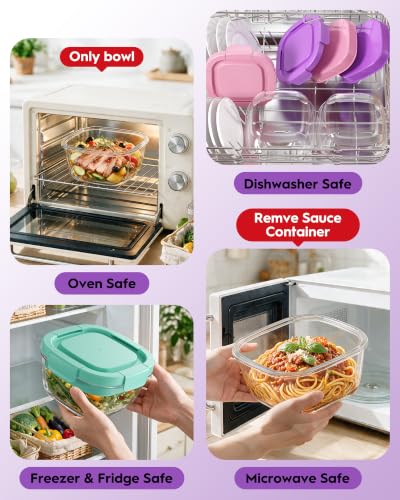 Image of Glass Salad Container,56oz Salad Bowl To Go for Lunch with Airtight Lid,Leak-Proof Sauce Container,4-Compartment Bento Tray & Reusable Fork - BPA-Free Glass Lunch Box for Meal Prep,Office(Purple)