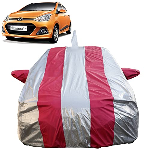 Image of Autofact Waterproof Car Body Cover Compatible with Hyundai Grand I10 (2013 to 2019) with Mirror and Antenna Pockets (Pink Stripes with Shinning Silver Fabric /Waterproof Cover)