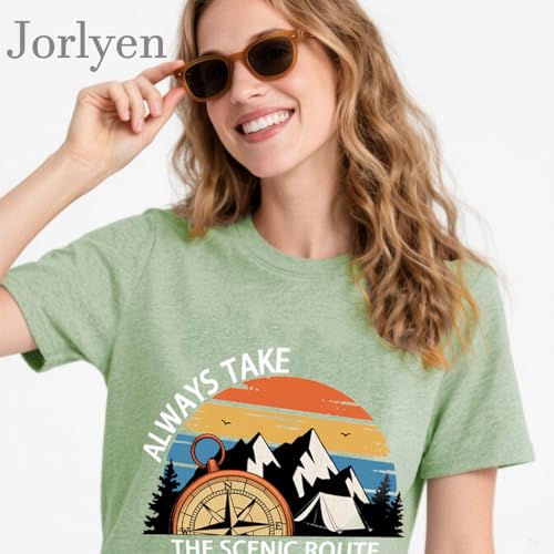 Women Mountain Adventure Athletic Top Compass Graphic Tee for Outdoor Camping Hiking Hikers Pine Tree Print Nature Wanderlust Workout Tshirt, Light Green XL