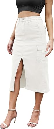 HERBATOMIA Womens Cargo Midi Skirt High Elastic Waist Front Slit Vintage Style Trendy Long Solid Skirts for Women