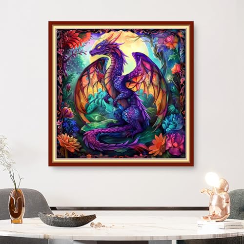 Image of Findvoor Stamped Cross Stitch Kits for Beginners Full Range of Cross Stitching Embroidery Pattern for Adults, 11CT DIY Needlepoint Embroidery Starter Kits-Colored Dragon Flower 18x18 inch