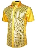 【Design】Das Disco Metallic Kurz Sleeve Shiny Pailletten Herren Button Down Hemd bringt einen 70er Jahre Vintage Vibe in einen mühelosen Retro-Look. Das langärmelige Hemd mit Revers hat eine einreihige Knopfleiste für einfaches An- und Ausziehen. Das Hemd ist mit metallischen Gingham-Pailletten besetzt, die für einen hübschen Look sorgen, der immer glänzt.