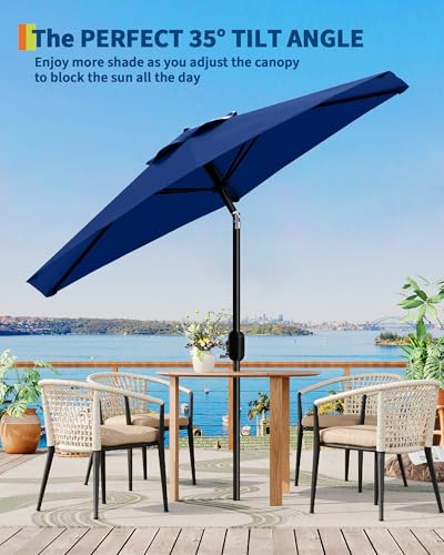 7.5FT Outdoor Patio Umbrella Table Market with Push Button Tilt and Crank, 6 Sturdy Ribs UV Protection Waterproof for Garden, Deck, Backyard, Pool (Navy Blue)
