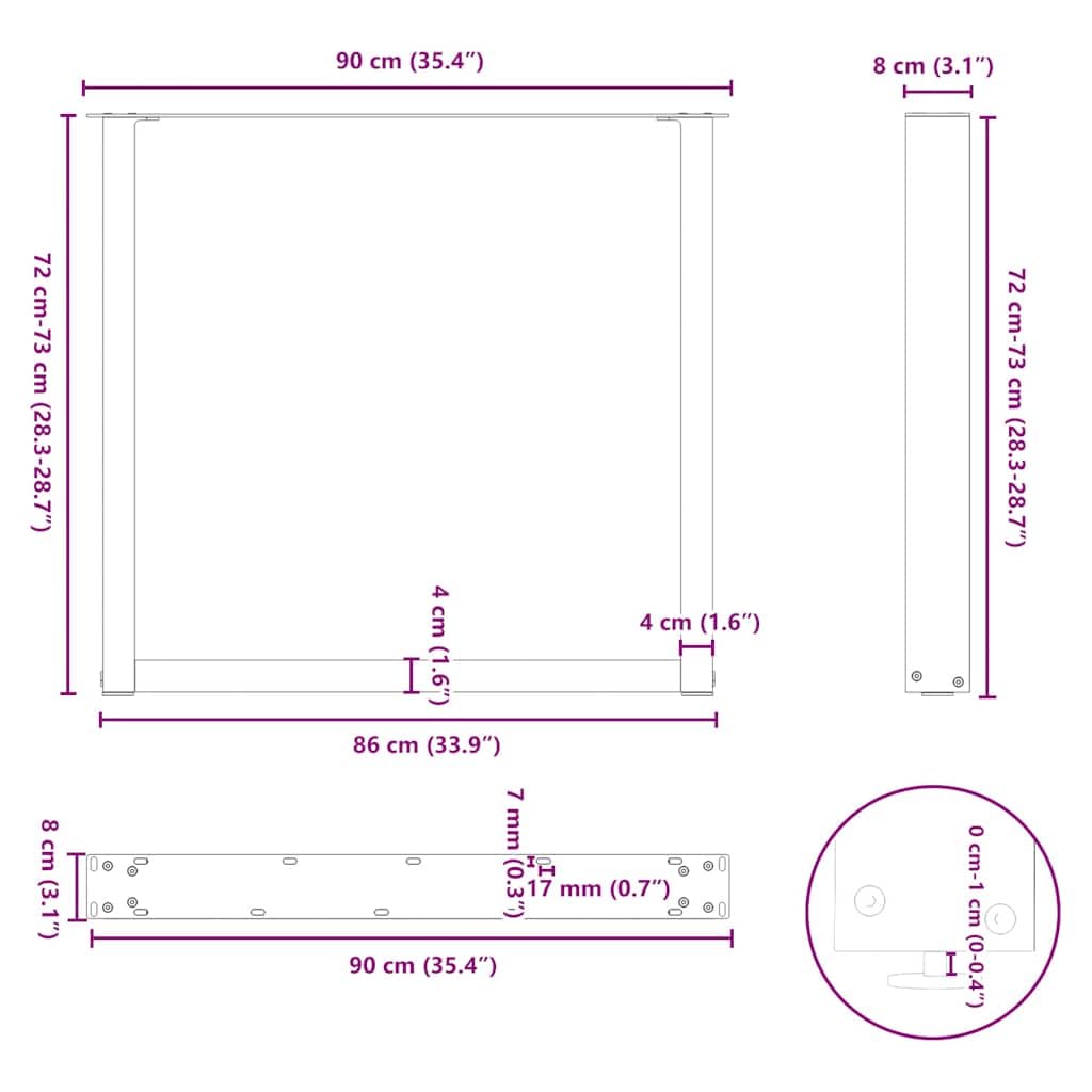 Gambe da Tavolo per Tavolino e Panca, Supporti per Mobili in Metallo a Forma di U con Livellatori Regolabili, Staffe Preforate e Viti per Progetti Fai da Te (90 x (72-73) cm)
