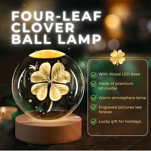 Flexzion 3D_CRST_60MM_CLV 3D Clover Crystal Ball Night Light - Led Light Hologram Glass Lamp With Solid Wood Base thumb #1