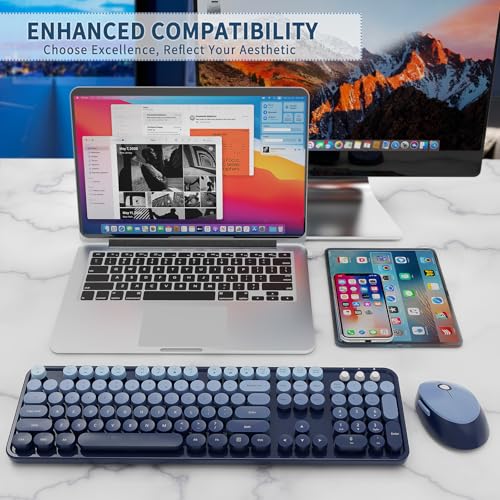 Image of Wireless Keyboard and Mouse Set, Full-Size Typewriter Keyboard with Retro Round Keycaps, Ergonomic Design, Compatible with Windows PCs, Ideal for Home and Office. (Blue)