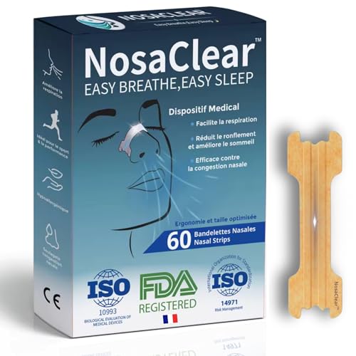 NosaClear Bandelettes nasales antironflement puissantes – Dilatateur nasal médical – Réduit le ronflement et la congestion – Allergie au sommeil sportif – Lot de 60 – Sans