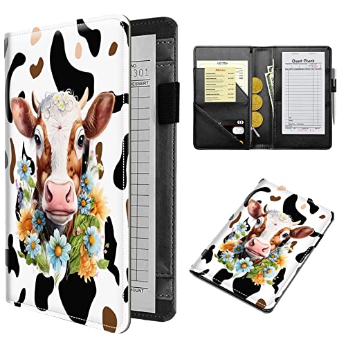 Server Books for Waitress-Leather Waiter Book Server Wallet with Zipper Pocket,Guest Check Book Waitstaff Organizer with Money Pocket Fit Server Apron,Cute Cow Print