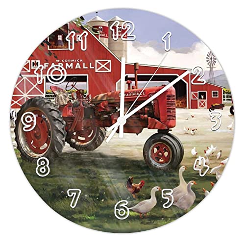 Horloge murale ronde avec motif tracteur rouge pour cuisine, bureau, chambre à coucher, 30 x 30 cm