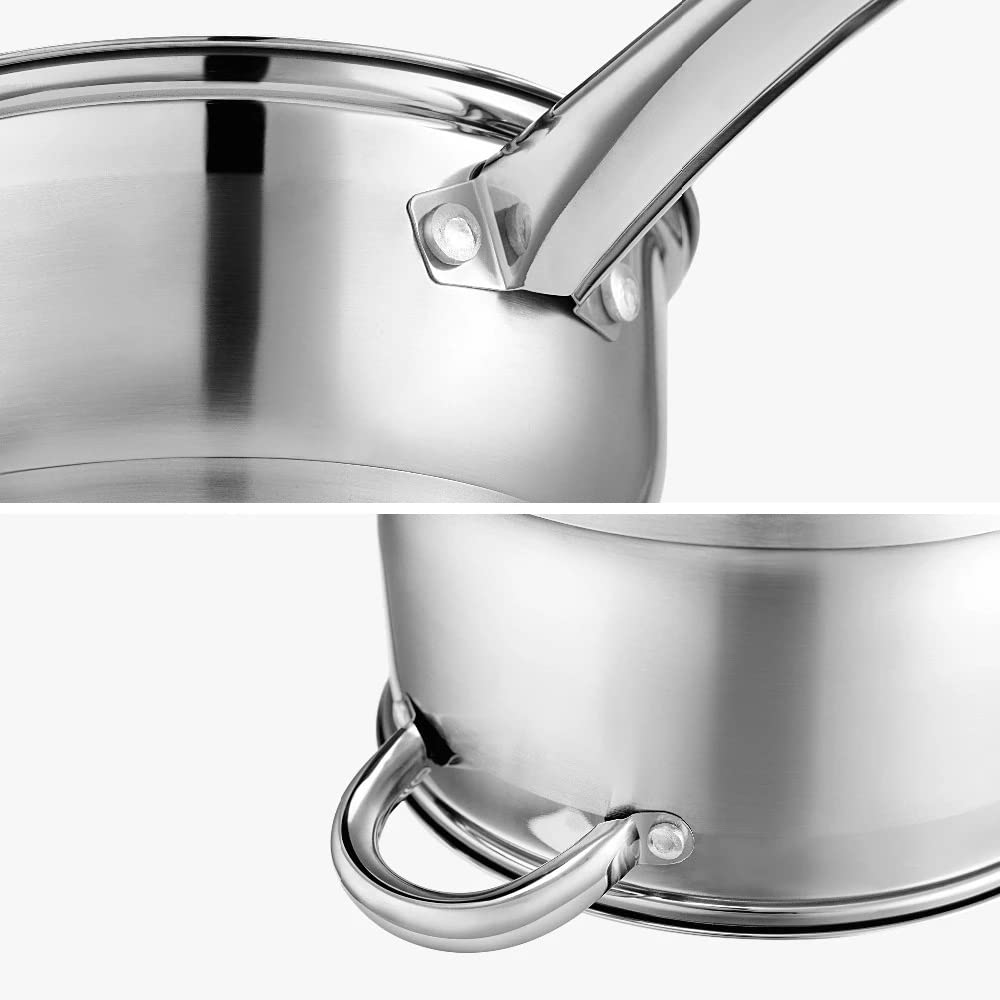 Kochgeschirr-Set aus Edelstahl, 7-teilig, Kochtopf- und Pfannen-Set, Stielkasserolle, Schmortopf mit Deckel aus gehärtetem Glas