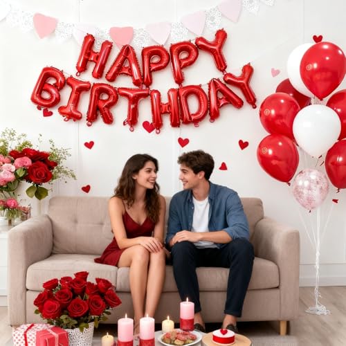 Image of Red Happy Birthday Balloon Banner -16 Inch Mylar Foil Letters Balloons, Reusable Birthday Decorations and Party Supplies, Suitable for Men and Women's Birthday Decorations，Party Backdrop