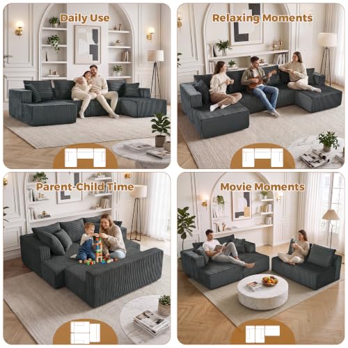 Image of 132 inch Boneless Couches for Living Room, U Shaped Modular Sectional Corduroy Comfy Cloud Memory Foam Deep Seat Boneless Sofa, No Assembly Required Couch for Living Room with Double Chaise, Gray