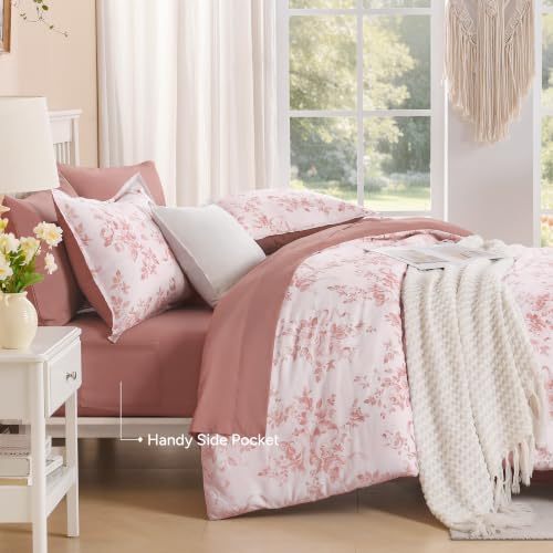 Image of Andency Floral Comforter Full Set, 7 Pieces Pink Rose Flower Bedding Set