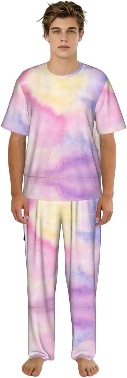 Men'S 2 Piece Loungewear Pajama Set Rainbow. Print Short Sleeve Tee Top And Pants Set S-3xl