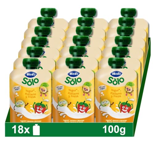 Hero Baby Mi Merienda Bolsitas de Yogurín con Plátano y Fresa - Para Bebés a Partir de los 12 Meses - Pack de 18 x 100 g