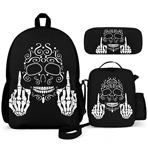 Delerain Skull Middle Finger 3 Pcs Backpack Set for Kids Back to School Bookbag with Lunch Box and Pencil Case Durable Lightweight Travel for Teens Students Boys Girls