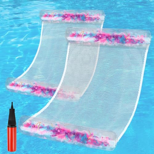 sulanmo 2PCS Matelas Gonflable Piscine avec Plume Coloré, Coussin d’air sur l’Eau, Hamac Flottant avec Filet, Bouee Piscine Transparente Original