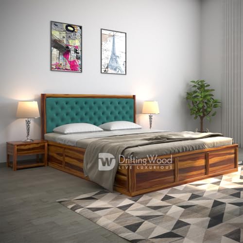 Image of DRIFTINGWOOD Dolvi Solid Sheesham Wood King Size Bed with Storage | Wooden Double Bed Cot Bed with Box Storage & Turquoise Green Velvet Upholstered Cushioned Headboard for Bedroom | Honey Finish