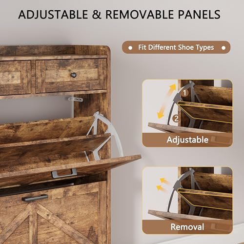 Image of Shoe Cabinet with 2 Flip Drawers & 2 Top Drawers, 43 inch Tall Freestanding Narrow Wooden Shoe Storage Organizer for Entryway, Hidden Slim Shoe Rack for Front Door Entrance, Hallway, Living Room, Brown
