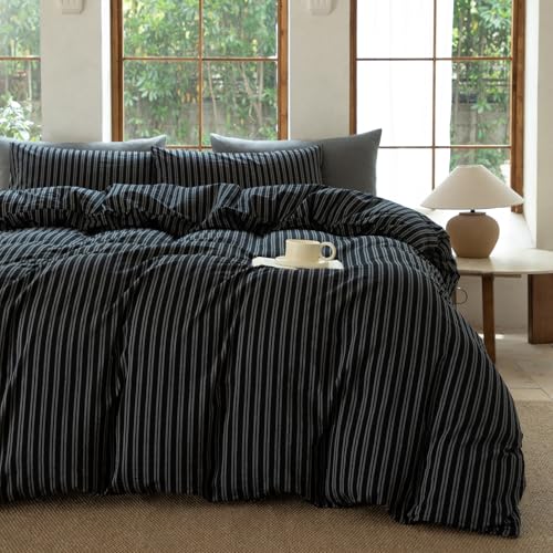 Striped Duvet Cover Set 100% Washed Cotton Linen Like Soft Feelling Breathable Bedding(Strip-Black/White,King)
