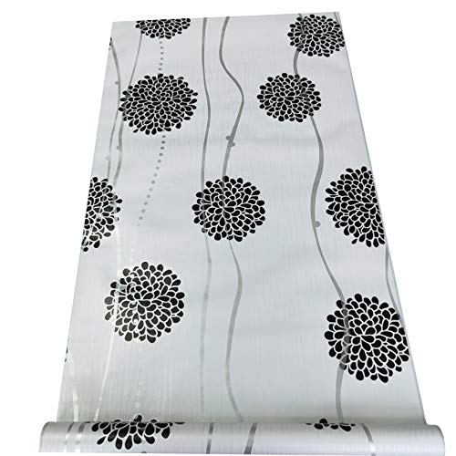 D9073 Vinyl Floral Peel and Stick Wallpaper 1.48ft x 9.8ft Black White Self Adhesive Stick on Wallpaper for Bedroom Livingroom
