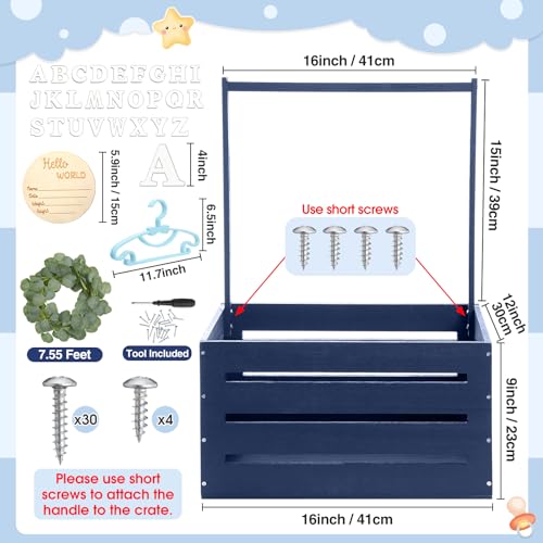 Image of Barydat Wooden Baby Shower Crate Closet Basket with Handle Baby Announcement Sign Garland Hangers Large Letter, Wooden Gift Crate, Letters for Pregnancy New Parent Party(Navy Blue)