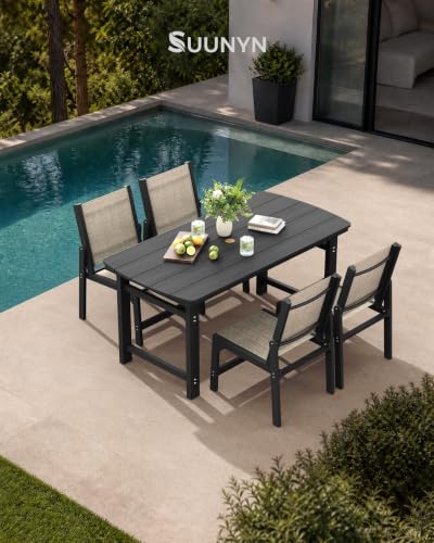 Image of HDPE Outdoor Patio Dining Set with Table & 4 Stackable Armless Textilene Chairs, All-Weather 5-Piece Patio Furniture Set with Umbrella Hole for Lawn & Garden, Poolside, Backyard | Black