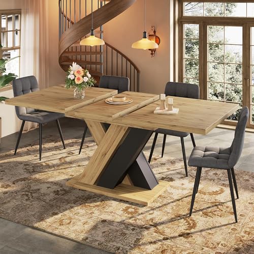Yihomfy Table à Manger Extensible 120-160cm Bois, Table Rectangle Extensible avec Pieds X, Table Rectangle Salle Manger avec Rangement Intégré, pour Cuisine...